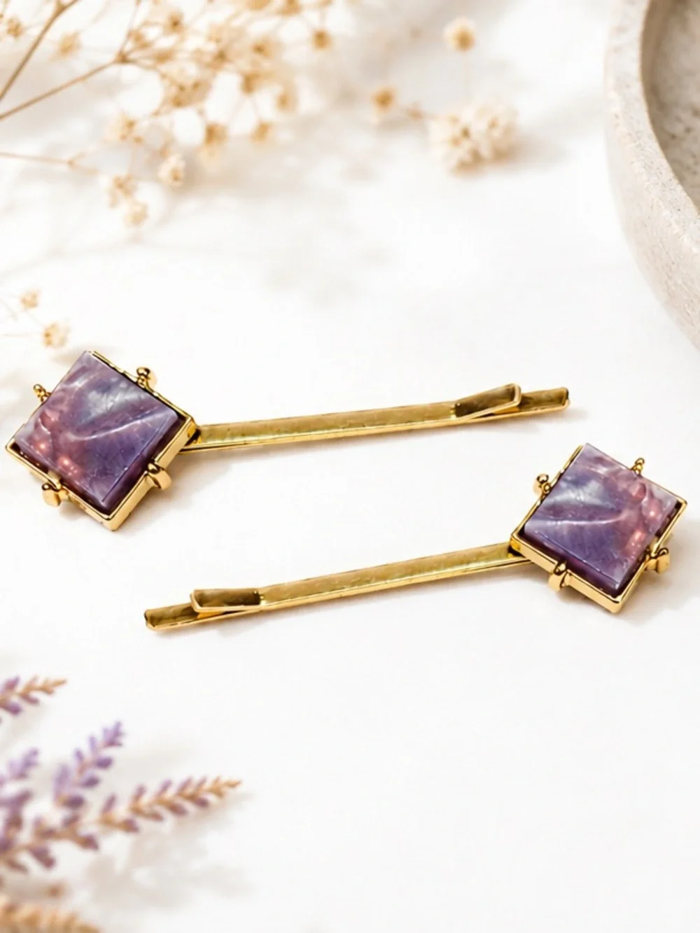 NEW - Anthropologie Purple Gemstone Gold Bobby Pin Hair Clip Set Boho Chic